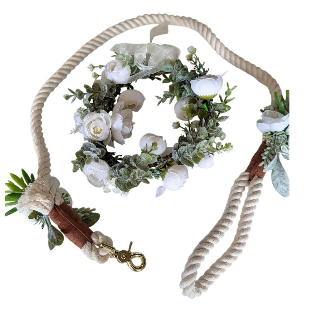 Dog or Cat Wedding Floral Collar & Rope Leash Set White Flowers Greenery Gold